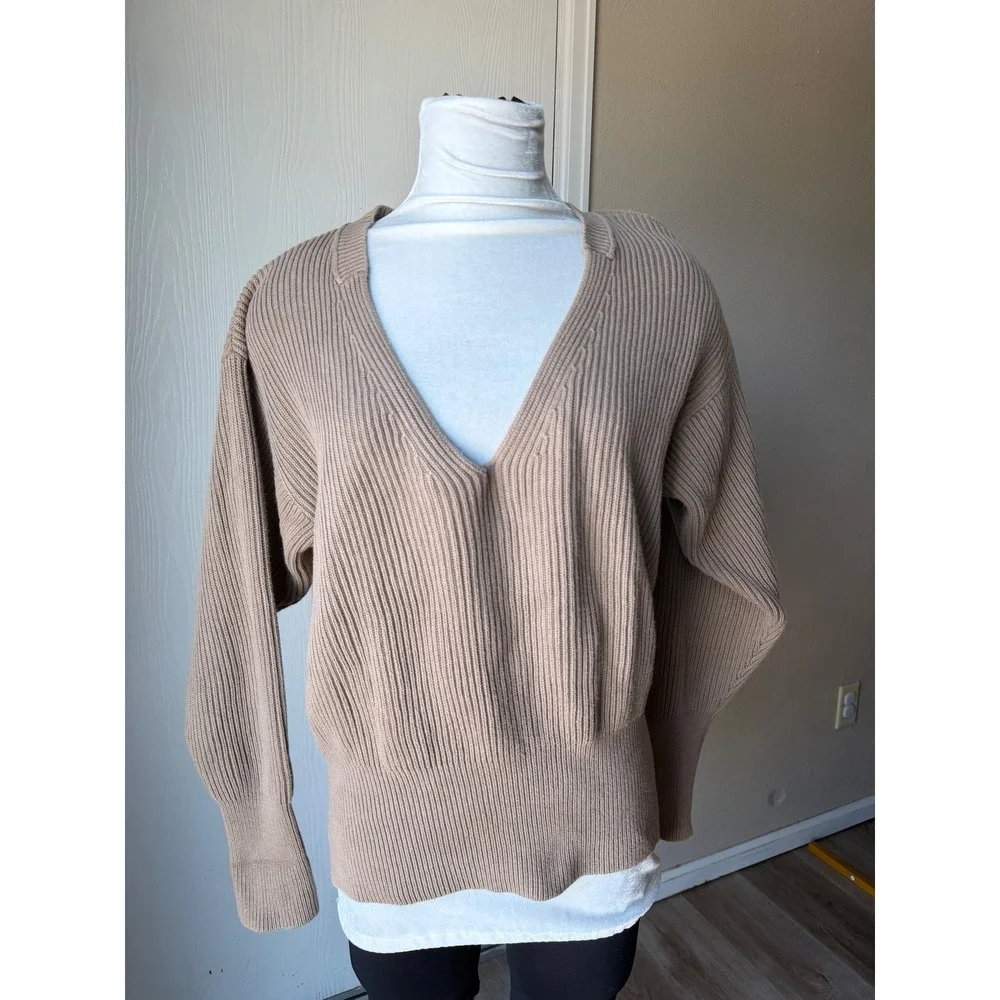 Free People Tan Ribbed V-Neck Cinched Waist Cotton Blend Sweater Womens Medium